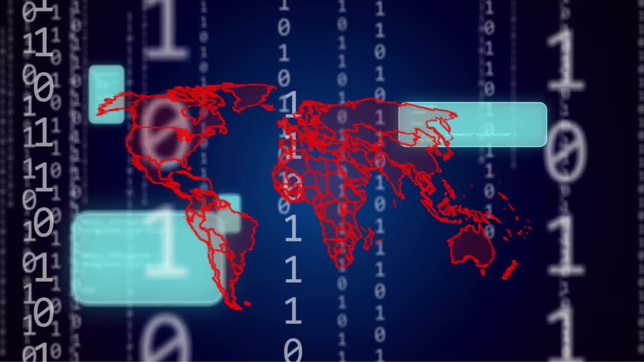 Animation of world map, binary coding and data processing over computer servers