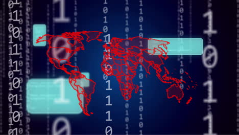 animation of world map, binary coding and data processing over computer servers