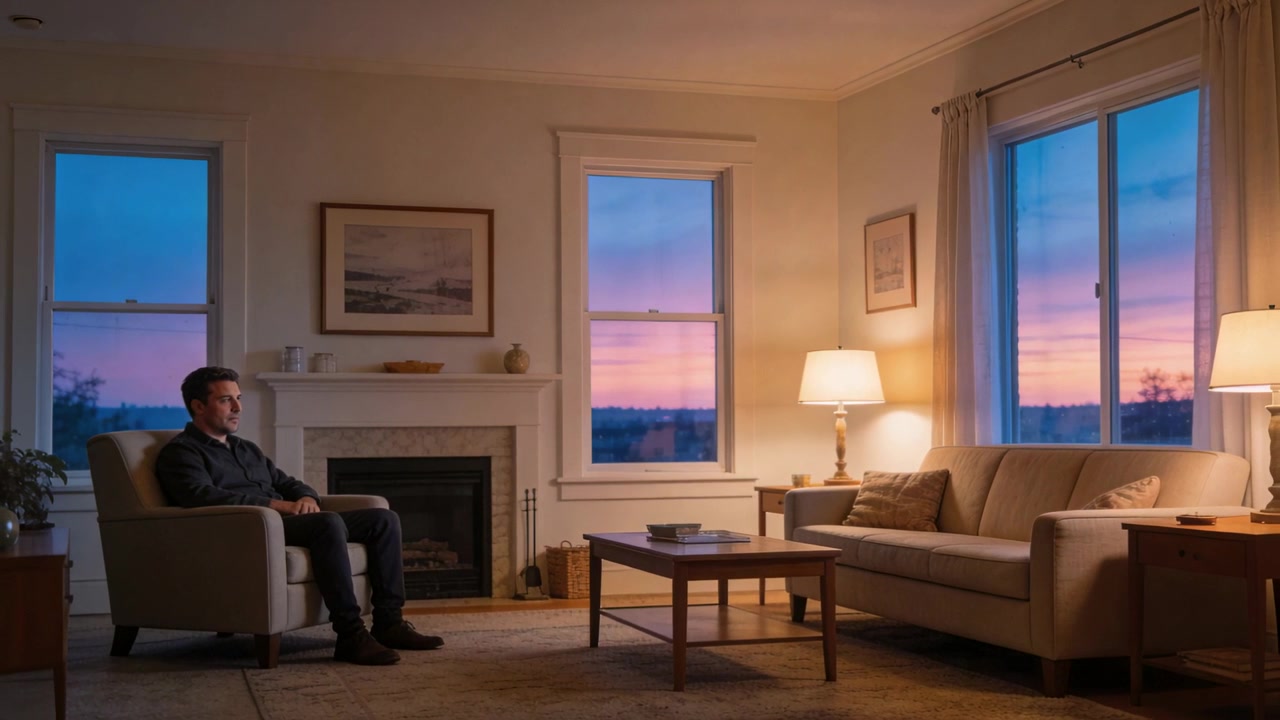 Siddende mand i mørk frakke i lænestol ser farverig solnedgang gennem vinduer derhjemme, med plads til tekst.