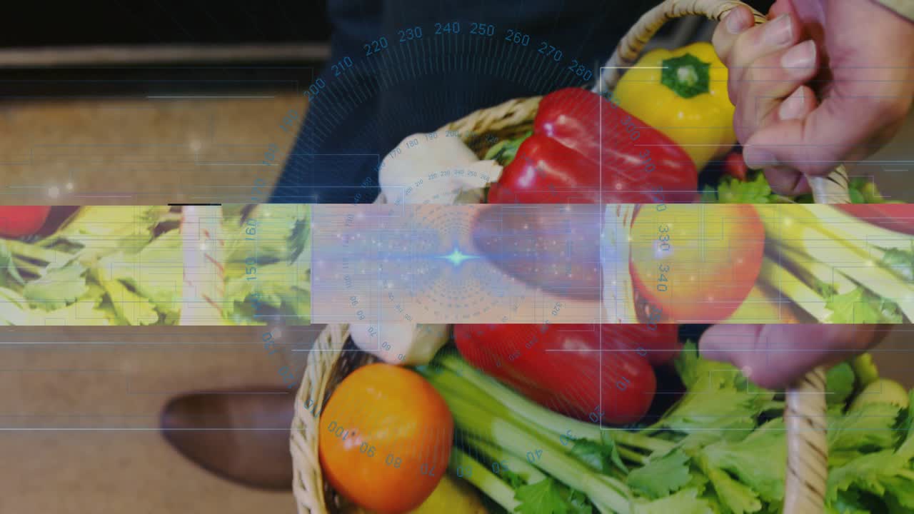 Male shopper walking carrying basket of produce adjusting grip causing scanlines and glitch band