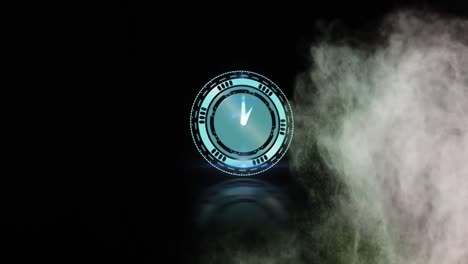 animation of blue clock over green, red and white coloured powder, floating on black