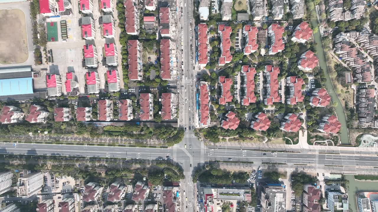 상하이 시내의 주거 건물의 무인기 항공 사진