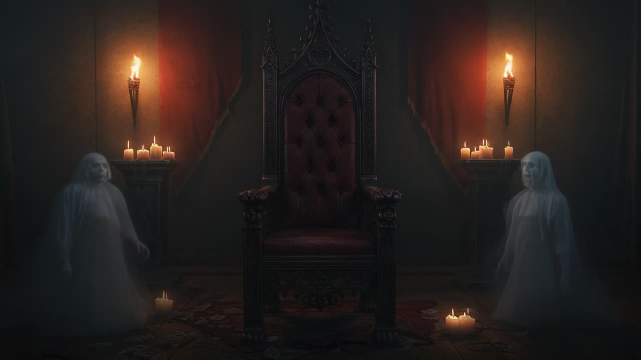 A Haunting Encounter: A Mysterious Throne Surrounded by Ghostly Figures in an Eerie Setting with Flickering Candles and Dark Atmosphere