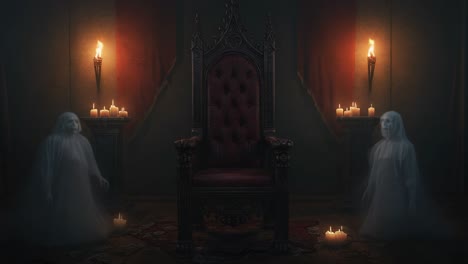 a haunting encounter: a mysterious throne surrounded by ghostly figures in an eerie setting with flickering candles and dark atmosphere