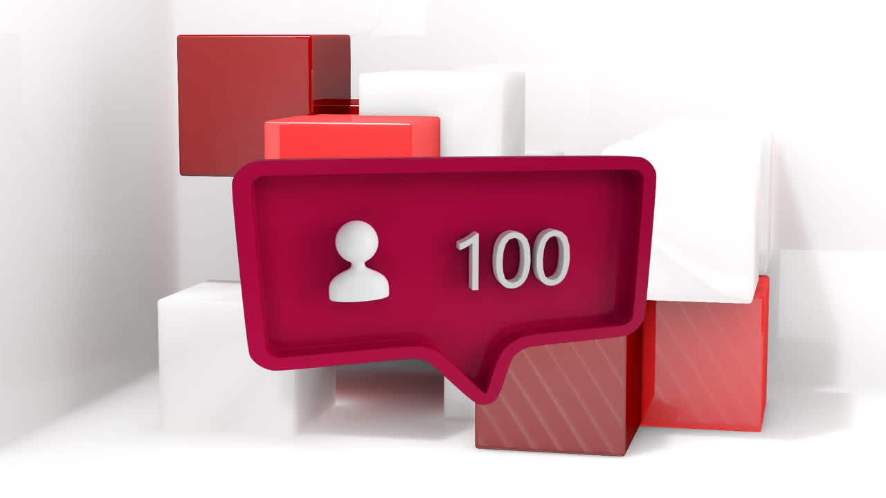 animación del icono de las redes sociales con un número creciente sobre cubos sobre fondo blanco