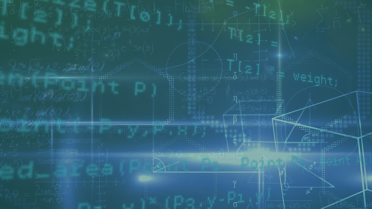 Animation of geometric shapes, data processing and light sot against blue background