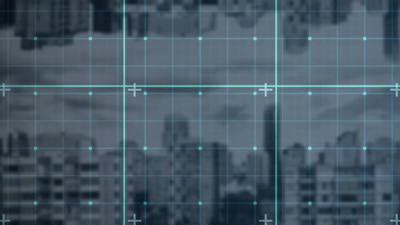 Skyline appearing under turquoise grid, highlighting surveillance technology with crosshair markers
