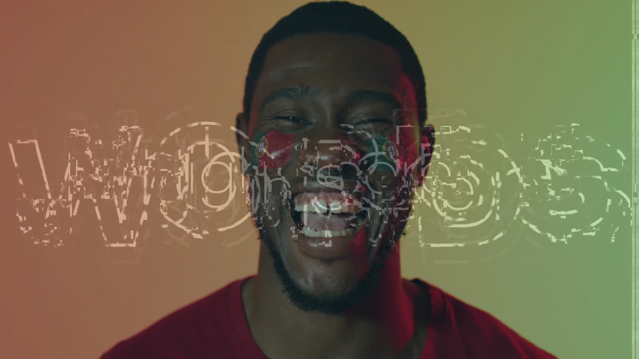 Male fan showing passion in sports technology demo, featuring glitch overlay and flag paint