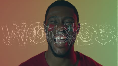 male fan showing passion in sports technology demo, featuring glitch overlay and flag paint