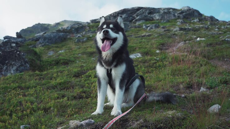 Cane di razza Alaskan Malamute seduto con la lingua di fuori sulla montagna