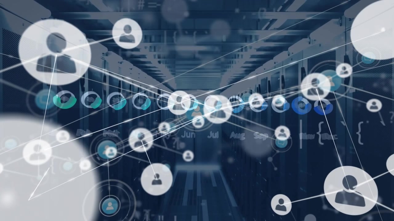 Rete animata che cresce da un marcatore centrale in un data center, generando nodi e mostrando il traffico.