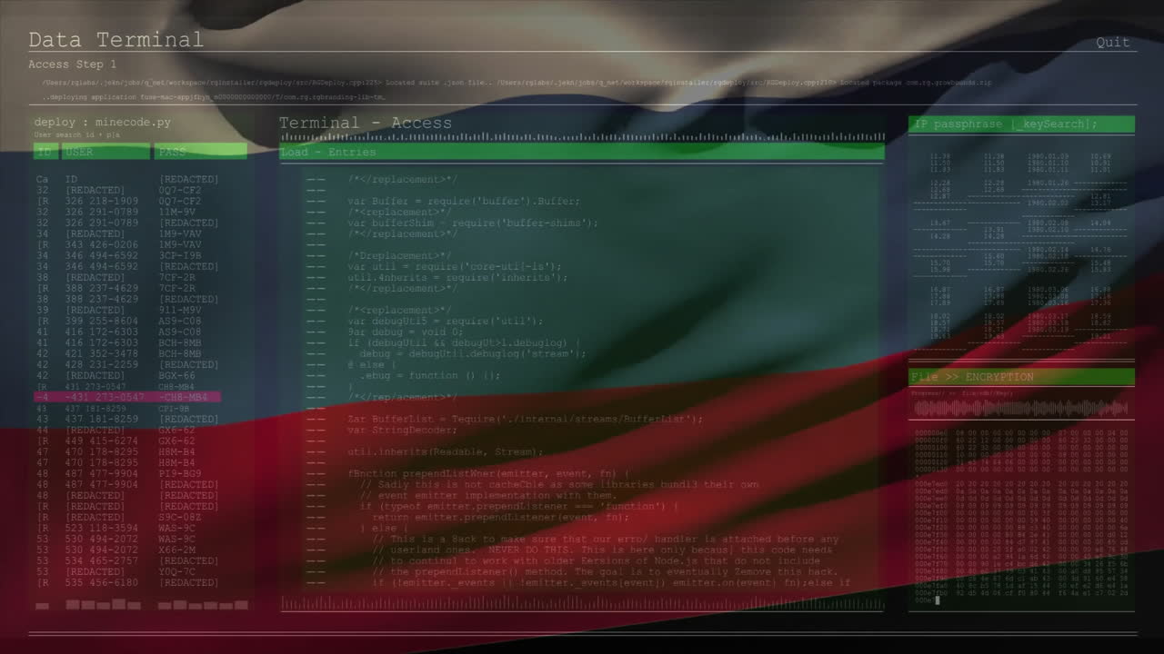 Waving Russian flag with animation of computer code and data terminal interface