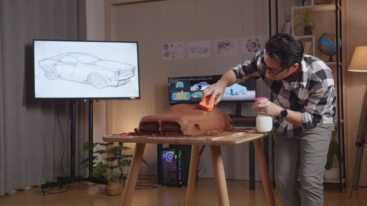 Designer automobilistico asiatico che spruzza e usa una spugna per levigare la superficie del modello in argilla di un'auto nello studio.