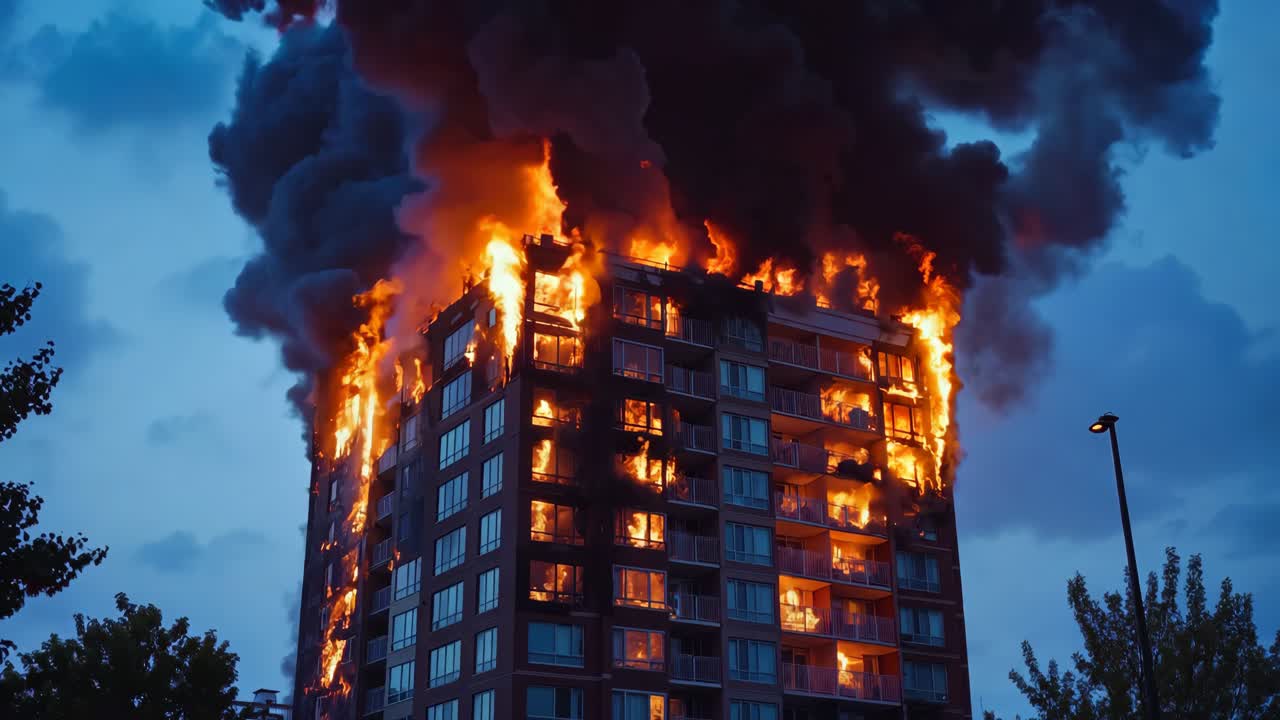 연기가 어나오는 불에 싸인 높은 건물