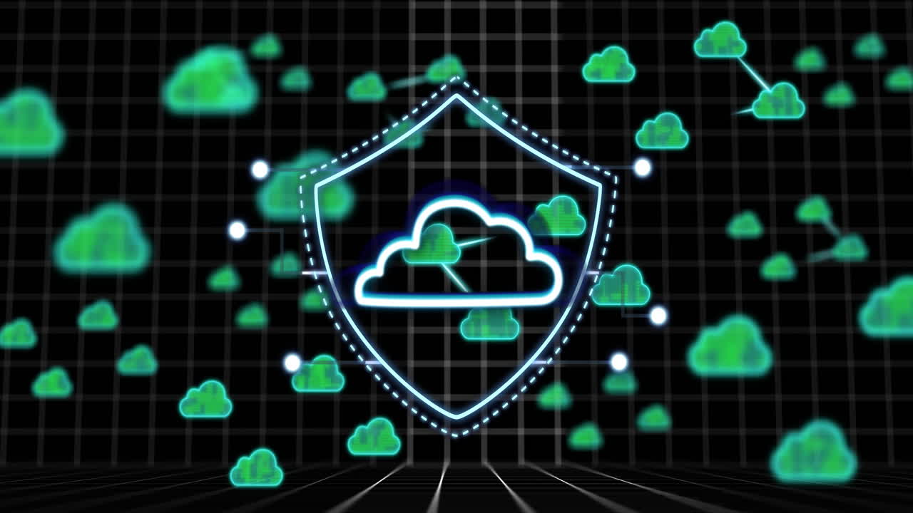Cloud security shield animation over digital grid background with green cloud icons