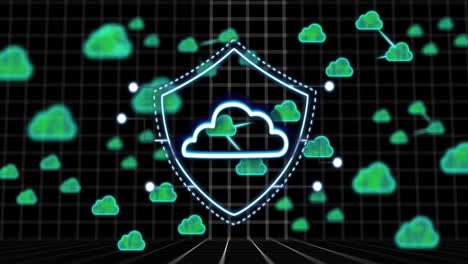 animación de escudo de seguridad de nube sobre fondo de cuadrícula digital con íconos de nube verde