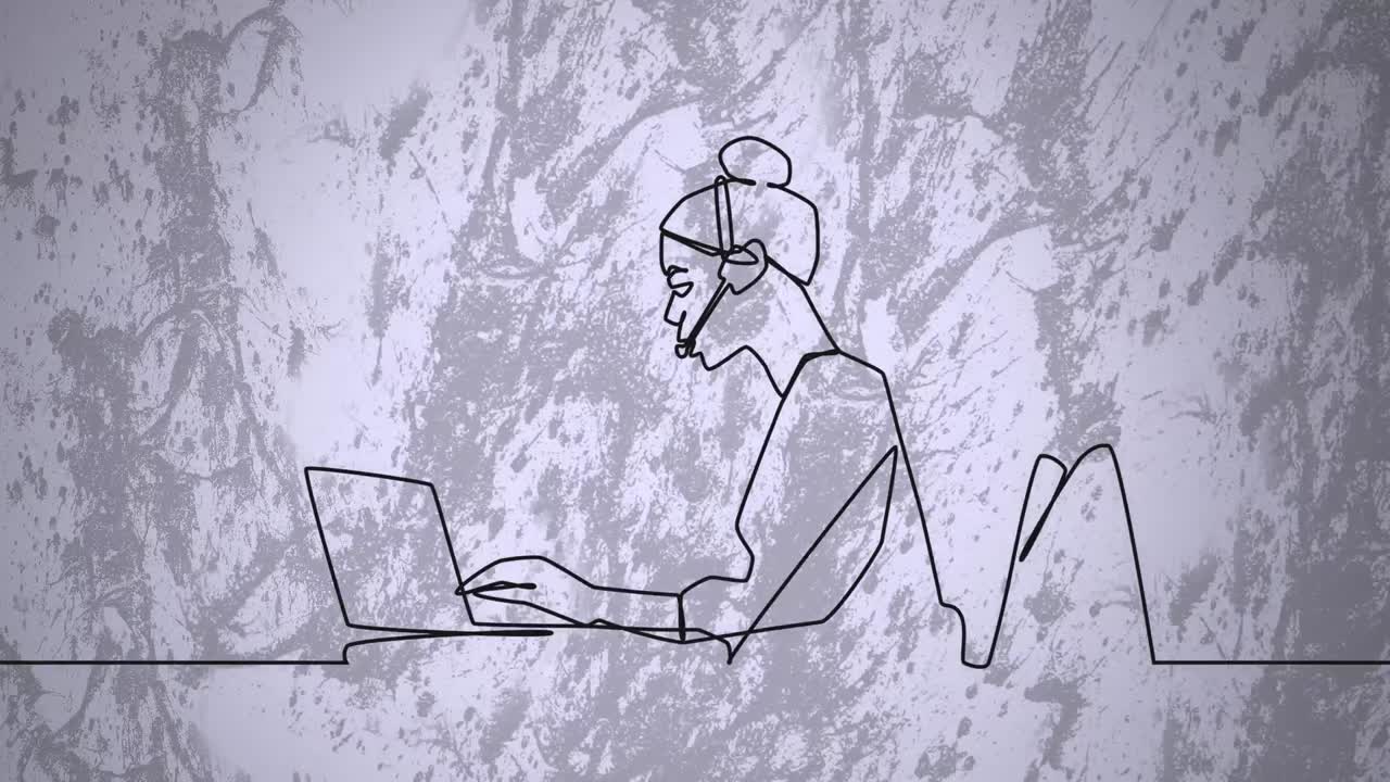 animación del dibujo de una mujer de negocios usando auriculares de teléfono sobre formas en movimiento