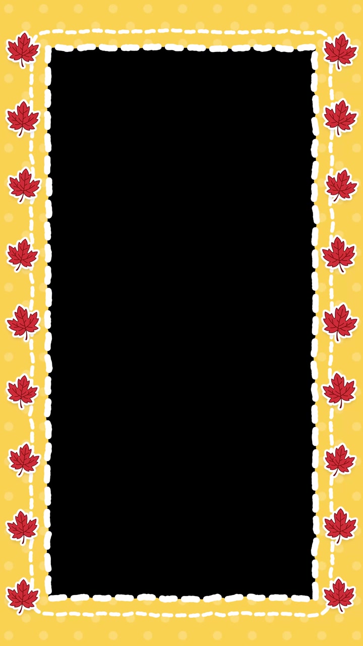 Torn paper borders with red maple leaves on yellow background loop vertically around central cutout.