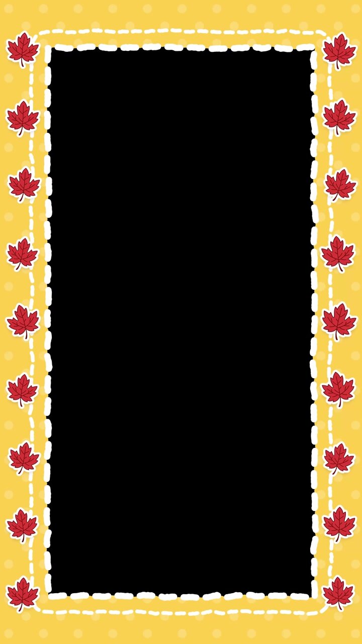 Torn paper borders with red maple leaves on yellow background loop vertically around central cutout.