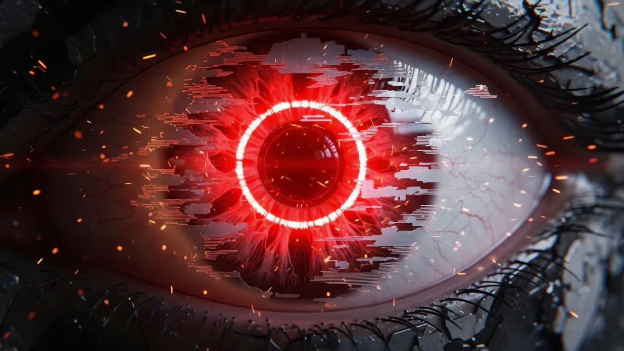 Futuristic Eye with Glowing Red Elements and Digital Distortion, Showcasing a Unique Blend of Organic and Technological Features in Stunning Detail
