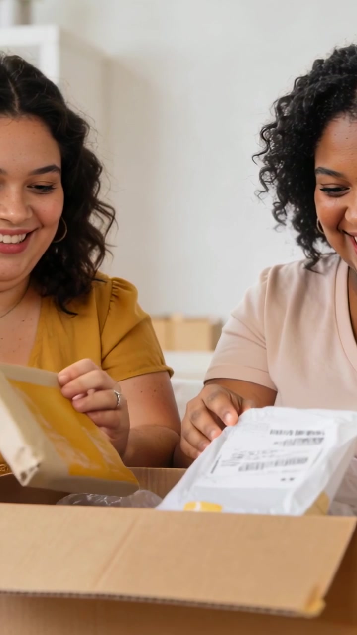 Vertical video: Opening delivery box, two friends in mustard, pink tops checking packages at home