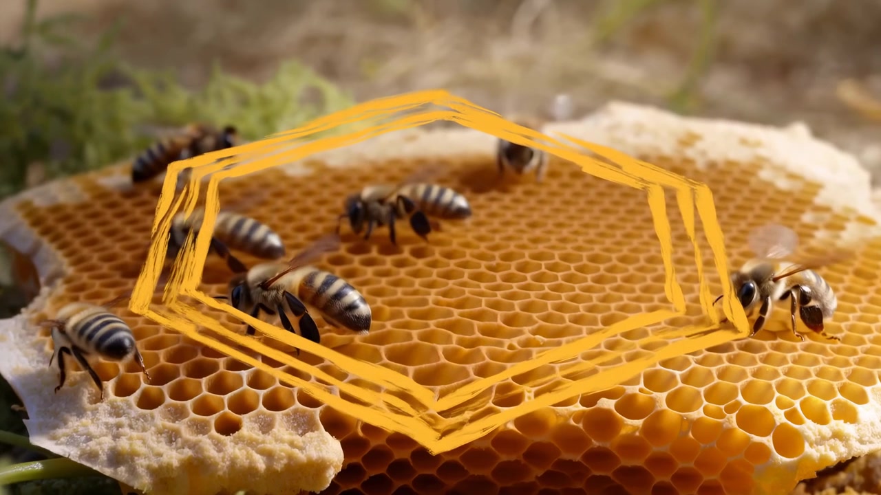 Diverse api si muovono su celle di cera aperte mentre grafiche a linee esagonali arancioni sovrapposte crescono da un singolo contorno fino a forme annidate, con luce naturale calda e sfondo verde sfocato