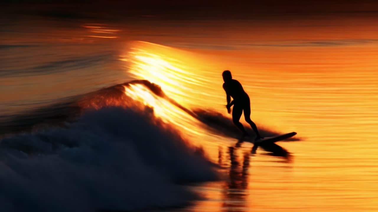 A Surfer Riding the Waves at Sunset: The Perfect Blend of Action and Scenic Beauty Capturing the Thrill of Surfing with Golden Reflections Dancing on the Water's Surface