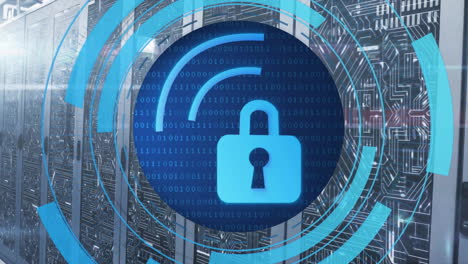 animation of circular scanner processing wifi with padlock icon over server room