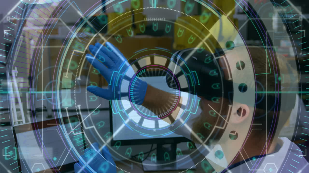 vr 헤드 ⁇ 을 착용하고 손을 움직이는 남성 과학자를 스캔하는 스 ⁇ 의 애니메이션