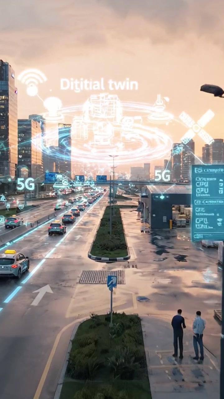 Scena serale urbana: strada bagnata dalla pioggia e paesaggio urbano con insegne luminose, taxi e un bellissimo tramonto in una metropoli moderna.