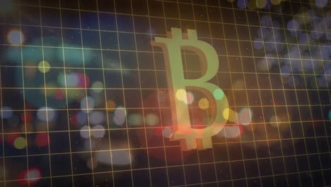 Animation-Des-Bitcoin-Symbols-über-Dem-Gitternetz-Vor-Lichtflecken-Und-Nächtlichem-Stadtverkehr