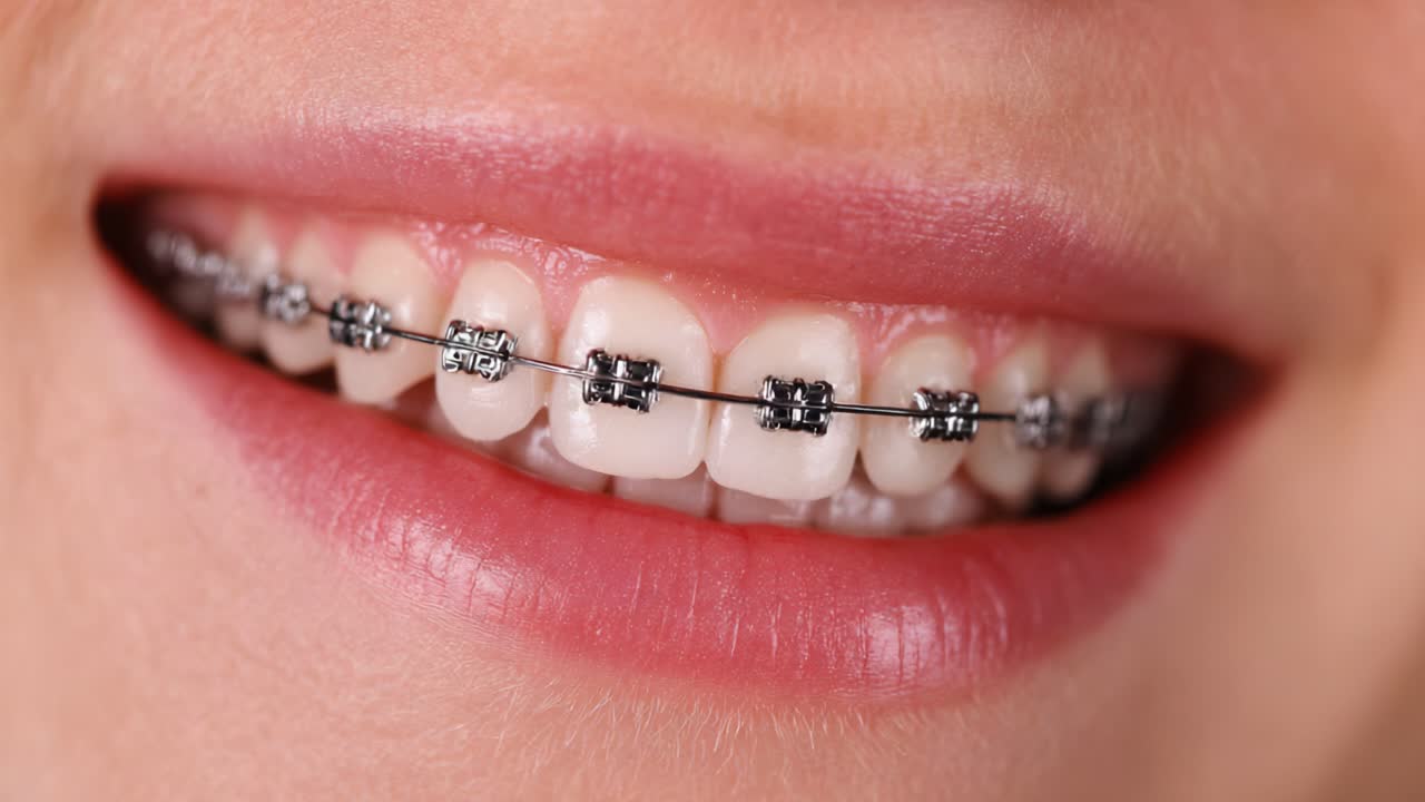 Close-Up Shots of a Smiling Individual Showcasing Metal Braces on Their Teeth, Highlighting Dental Alignment and Oral Care Progress