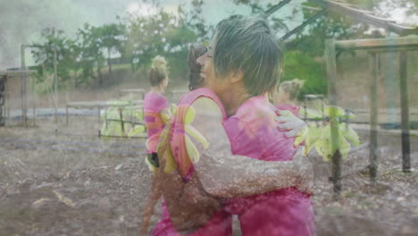 hugging outdoors, women in pink shirts surrounded by nature and animation