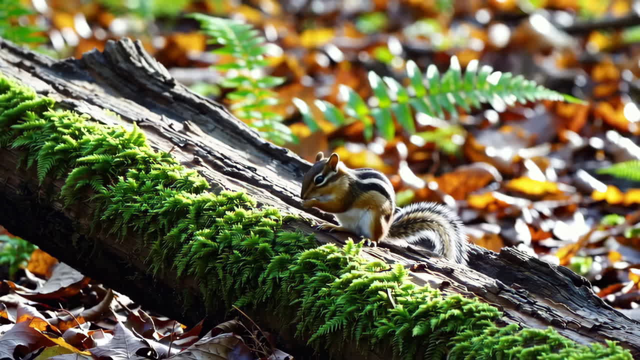 Tamia su un tronco nel bosco autunnale