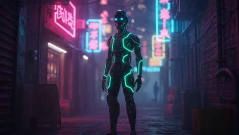 a futuristic cybernetic figure stands in a neon-lit alley, surrounded by vibrant lights and mist, echoing an advanced technological dystopia with enhanced features