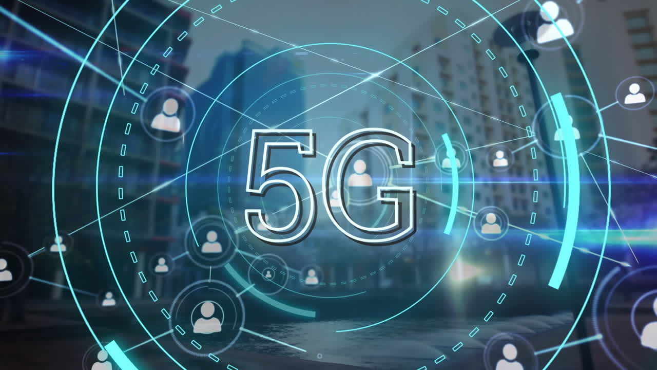 animazione della scansione di testo 5g, rete di connessioni su cityscape