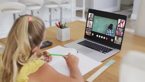 Caucasian-girl-having-a-video-conference-with-teacher-and-classmates-on-laptop-at-home