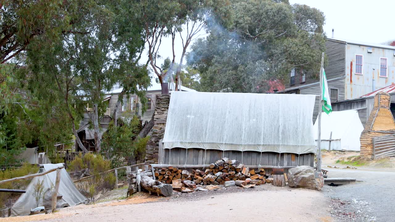 숲 속의 나무로 둘러싸인 흡연 굴이 있는 목조 집. 밝은 낮빛은 조용한 분위기를 향상시니다.