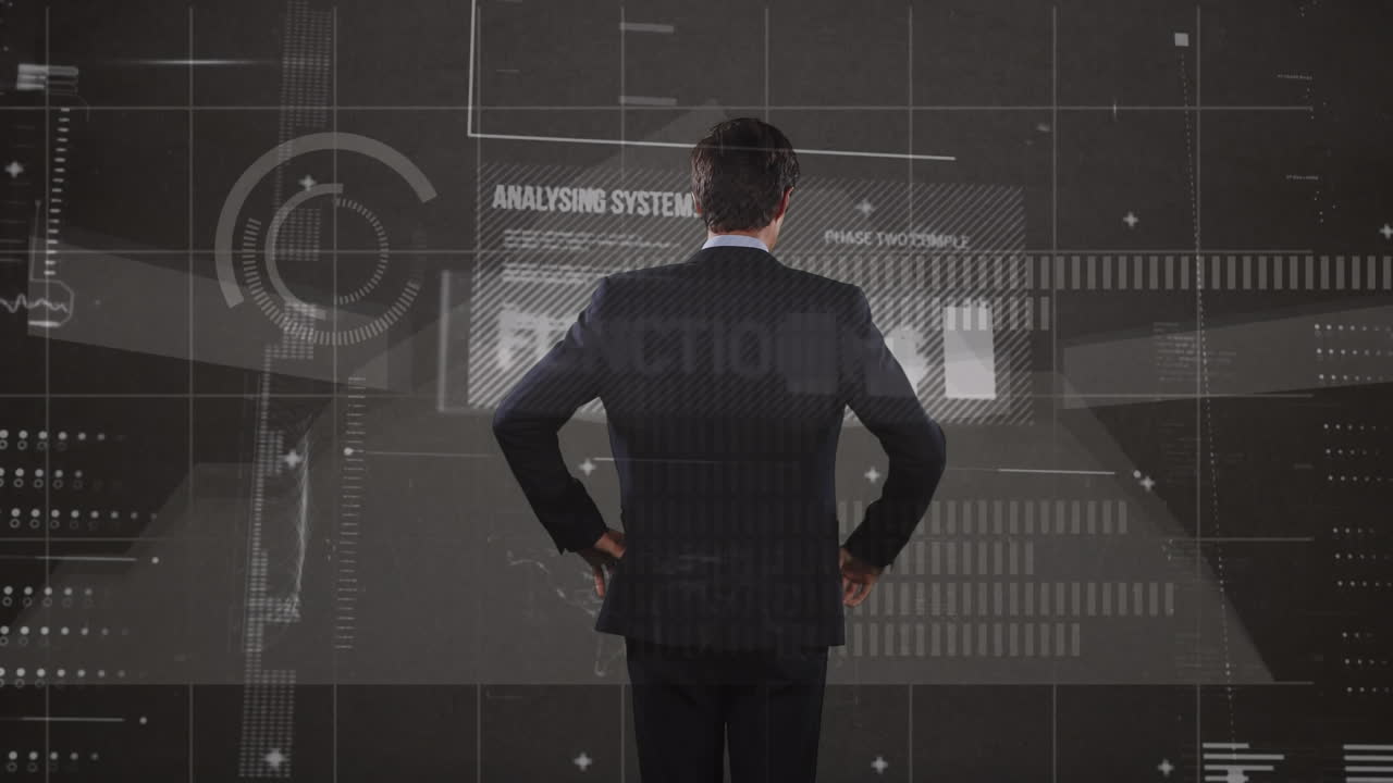 다채로운 데이터와 세계 지도를 가진 디지털 화면의 애니메이션 카우카시안 사업가의 뒤에서.