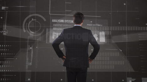 animation of digital screen with diverse data and world map over back of caucasian businessman