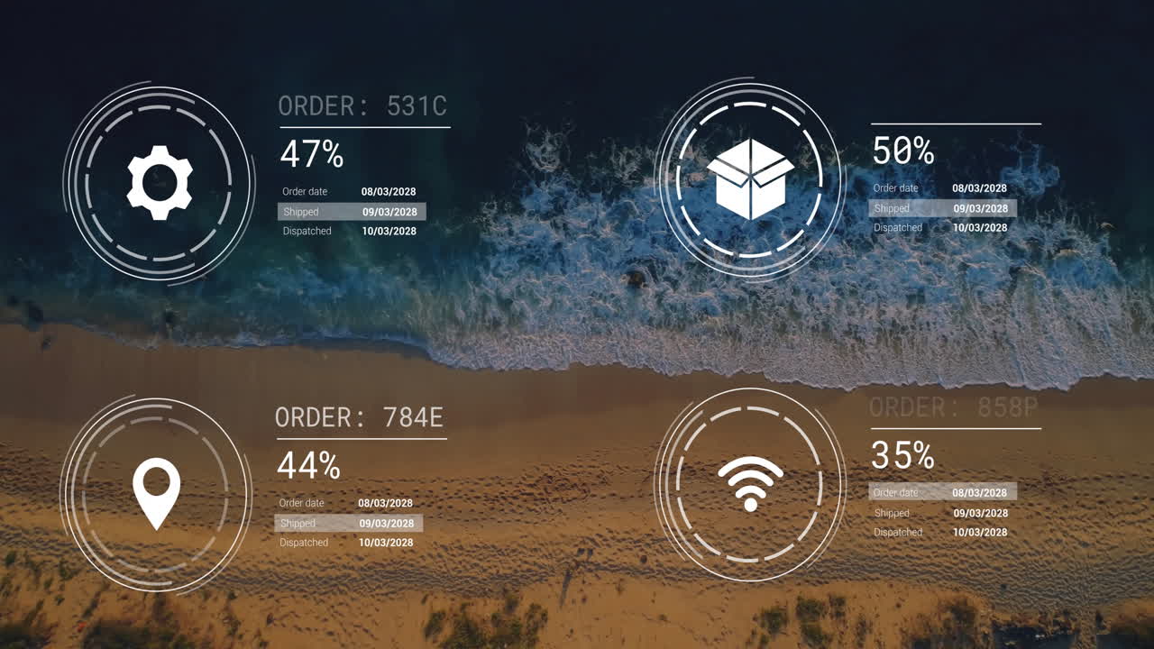 Animation of data processing with icons over seaside landscape
