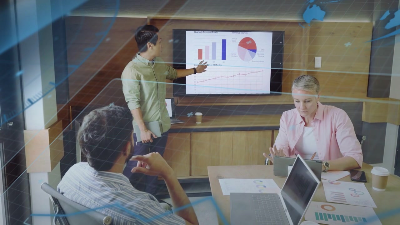 Man tapping phone pointing charts explaining business data offering phone under blue overlay