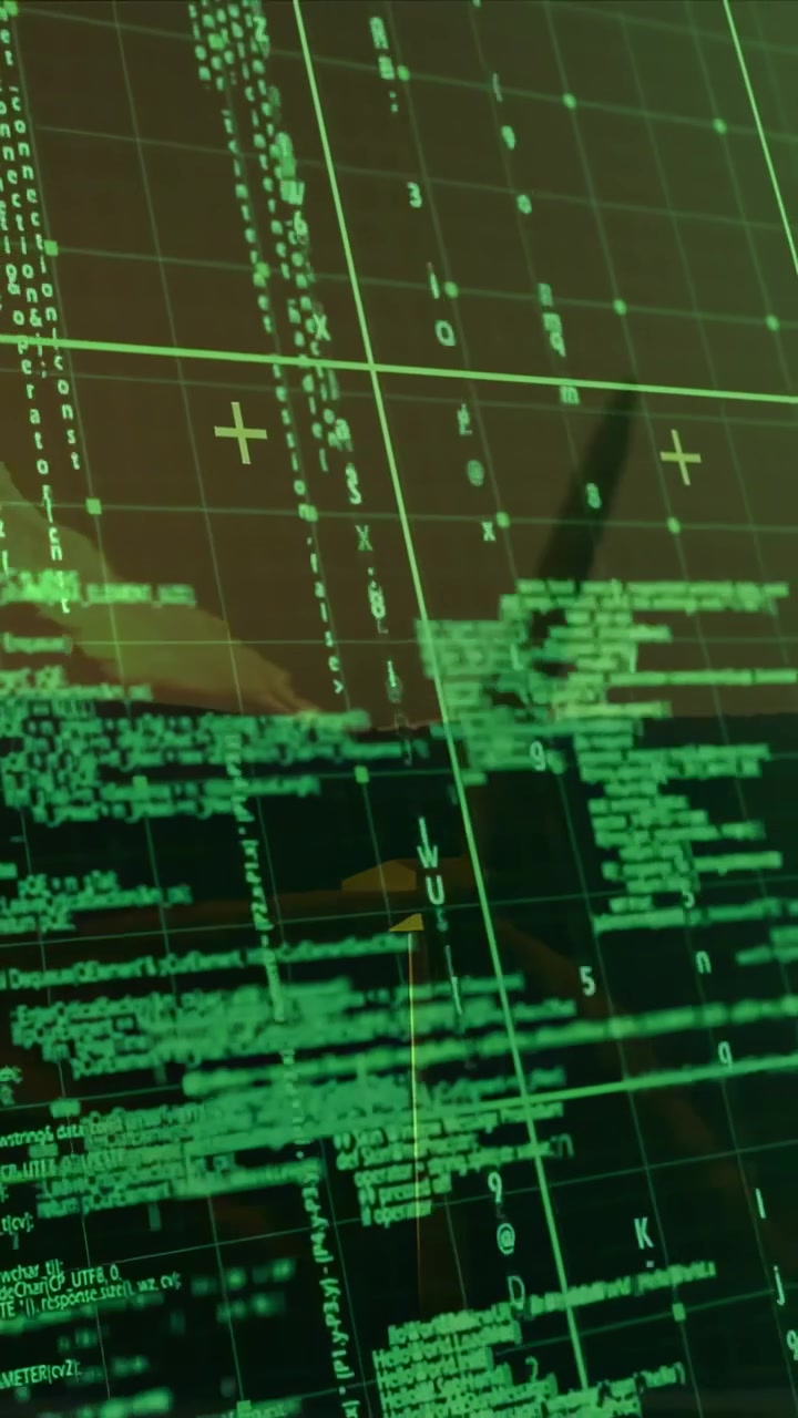 Vertical video: Green HUD screen showing code marker popping camera moving fan passing monitoring