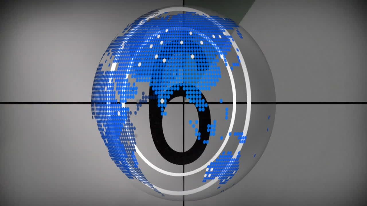 Digital countdown animation over pixelated globe with blue continents in background
