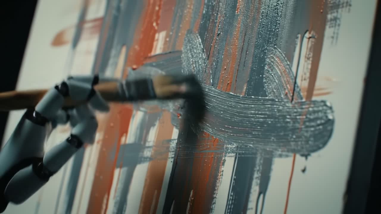 A Robotic Artist Captivatingly Creates Abstract Art with Brush Strokes Using a Blend of Textures and Colors in Two Captivating Frames