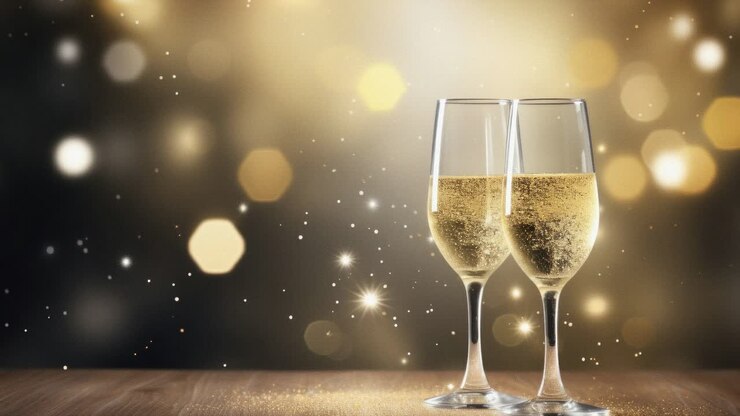 Due calici di champagne su un tavolo di legno, ripresi all'altezza degli occhi