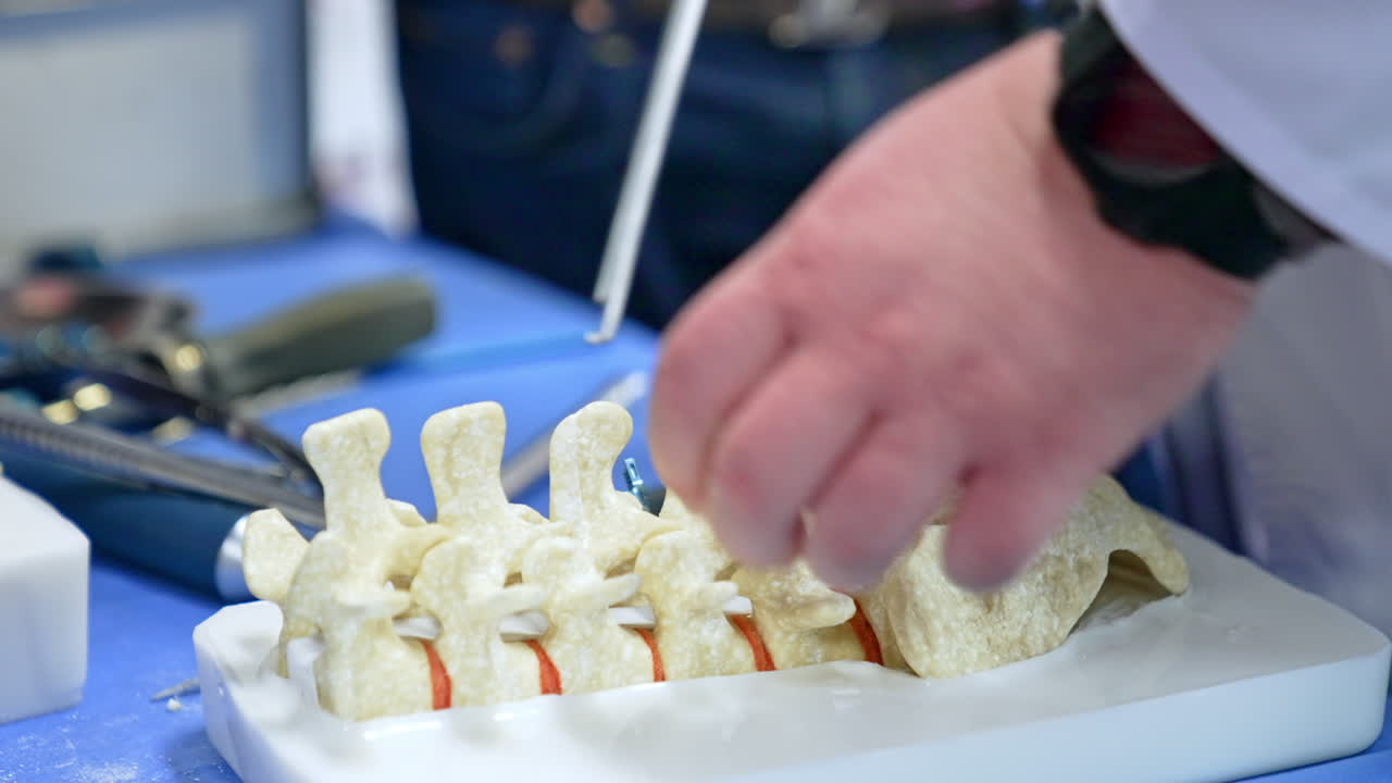 Part of the spine model is on the desk in front of the unrecognized man in white robe. Educator takes a tool and puts it to the dummy. Close up.