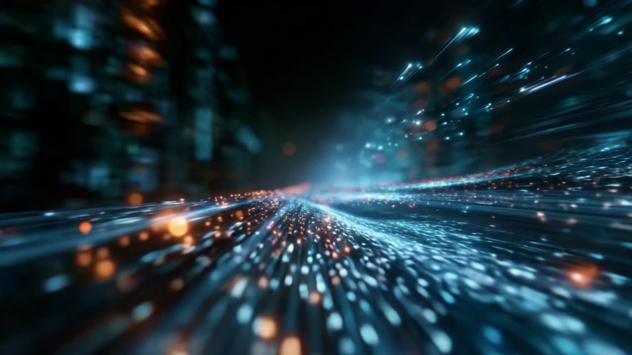 Visualizzazione dinamica di scie luminose astratte e particelle in movimento, che creano un paesaggio digitale accattivante di luminosità e velocità