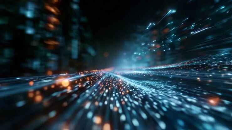 Dynamic Visualization of Abstract Light Trails and Particles in Motion, Creating a Captivating Digital Landscape of Brightness and Speed
