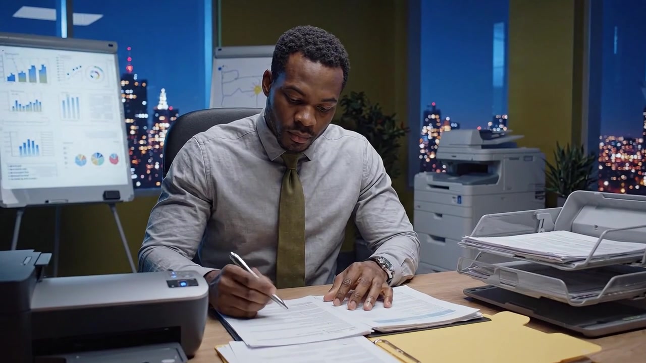 Professionista aziendale che analizza documenti in ufficio di sera con vista sullo skyline della città, utilizzando una stampante e prendendo appunti su rapporti importanti.